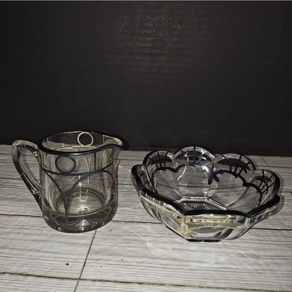 Vintage Clear Glass Silver Overlay Art Nouveau Design Creamer & Sugar Bowl Set - Picture 3 of 8